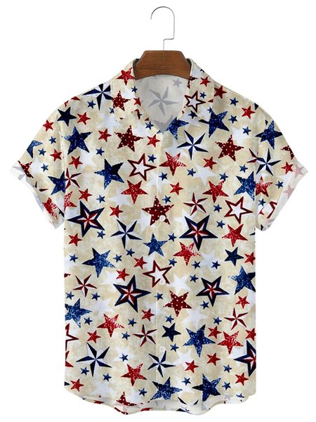 

Mens Independence Day Star Print Casual Lapel Short Sleeve Hawaiian Shirts, Khaki, Men's Floral shirt