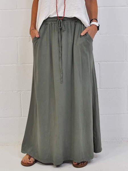 

verde Solido Cotone Miscela lacci Su con Vita elastica Casuale Lungo Mini Gonna, Skirts