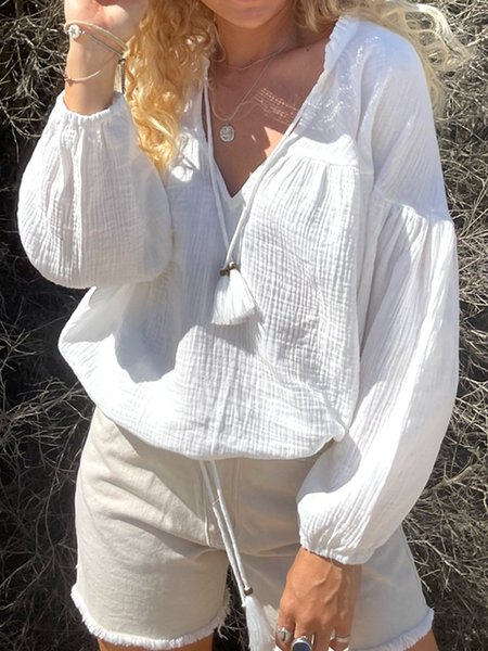 

Plain Long Sleeve Shift Shirts & Tops, White, Long sleeve tops