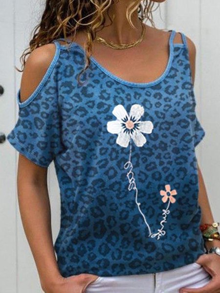 Casual Cotton-Blend Short Sleeve Shirts & Tops, Blue, T-Shirts