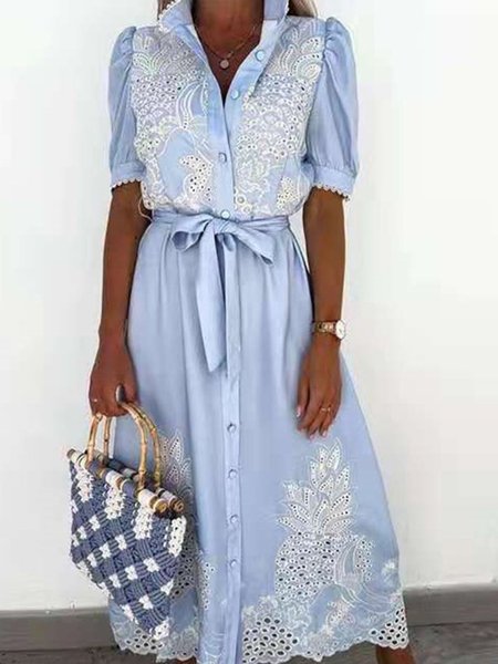

Stand Collar Maxi Dresses Resort Short Sleeve Dress, Lightblue, Maxi Dresses