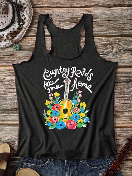 

Country Roads Take Me Home Floral Guitar Cotton-Blend Crew Neck Vests, Black, Tank Tops