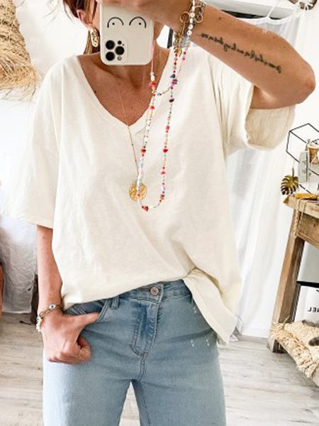 

Casual Cotton-Blend Solid Short Sleeve Shirts & Tops, White, T-Shirts