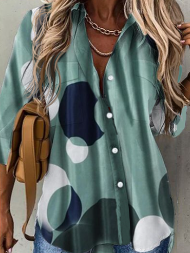 Shift 3/4 Sleeve Shirt Collar Blouse, Green, Tops