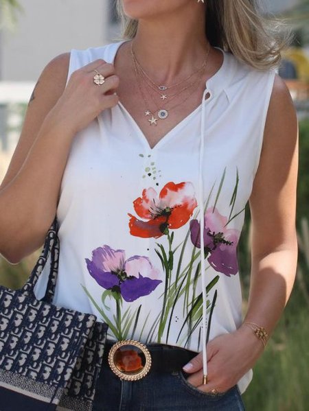 

Casual simple floral print sleeveless V-neck T-shirt, White, Tanks & Camis