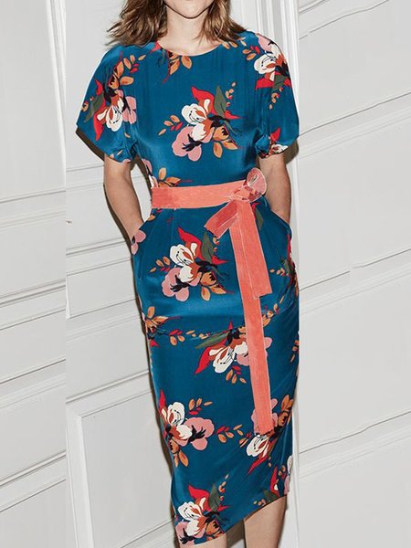 

Floral Crew Neck Short Sleeve Date Midi Dress, Blue, Midi Dresses