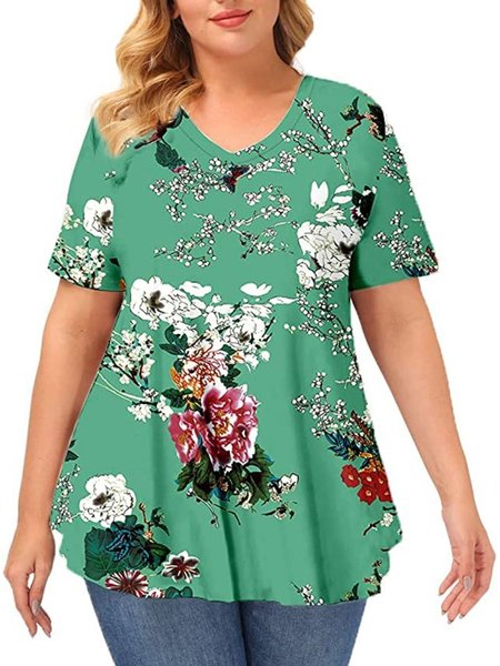 

Cotton Boho V Neck Short Sleeve Shirts & Tops, Green, T-Shirts