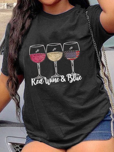 

Plus Size Red Wine And Blue American Flag Crew Neck Cotton Shirts & Tops, Black, Plus Size T-shirts