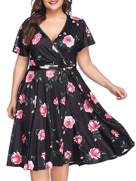 

Elastane V Neck Vintage Short Sleeve A-line Dresses, Reddish black, Floral Dresses