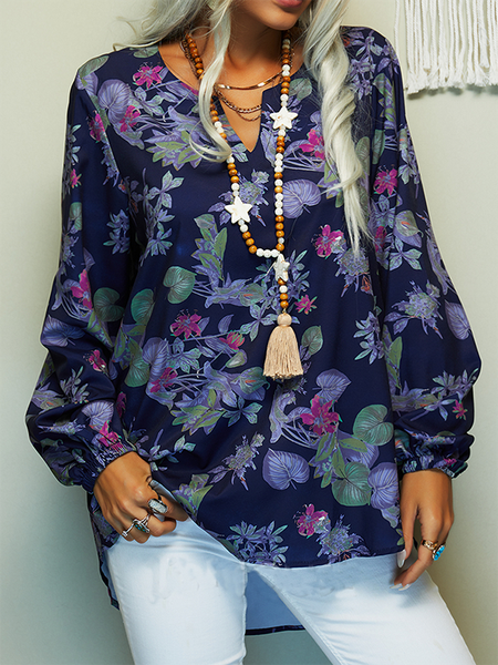 

Ricorrere Stampato Scollo a V Maniche Lunghe Top, Come immagine, Blouses & Shirts