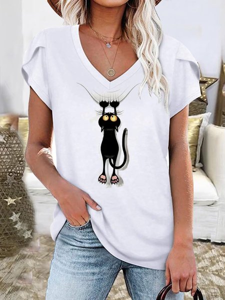 

Casual Floral-Print Short Sleeve Animal Sweet & Cute Shift Shirts & Tops, White, T-Shirts