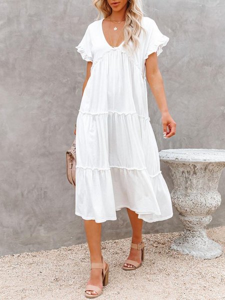 

V Neck Solid Cotton-Blend Short Sleeve Dresses, White, Elegant Dresses