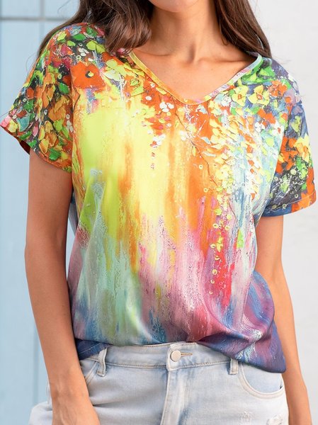 

Floral Printed Casual V Neck T-shirt, As picture, T-Shirts