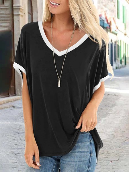 

Color-Block Short Sleeve Shift V Neck T-shirt, Black, T-Shirts
