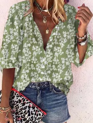 

Shirt Collar 3/4 Sleeve Floral Shirts & Tops, Green, Tops