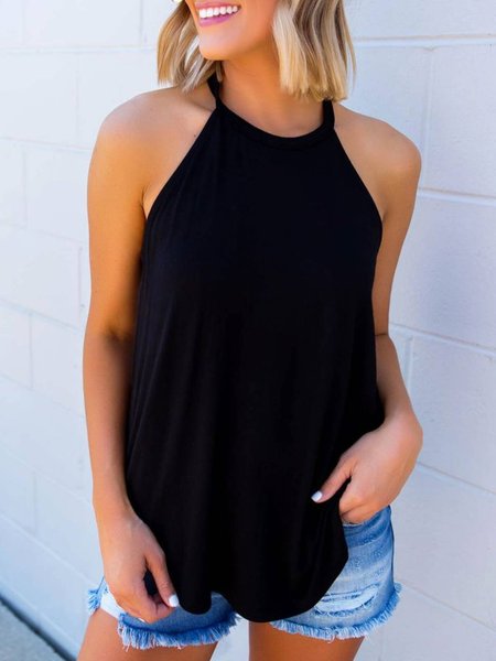 

Plain Sleeveless Crew Neck Shirts & Tops, Black, Tops