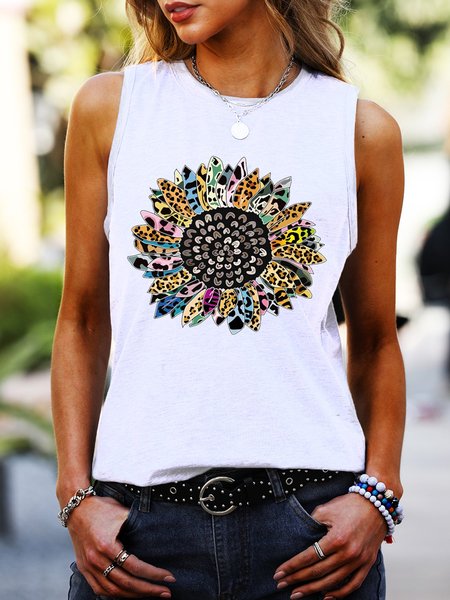 

Leopard Sunflower Sleeveless Cotton-Blend Tank& Tops, White, T-shirts