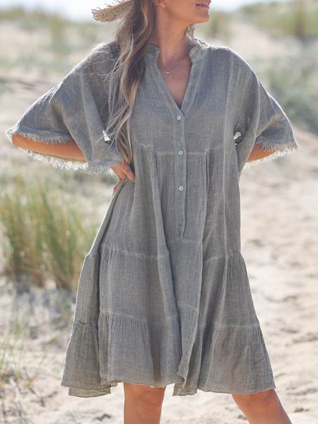 

Cotton-Blend V Neck Casual Dresses, Gray, Linen dresses