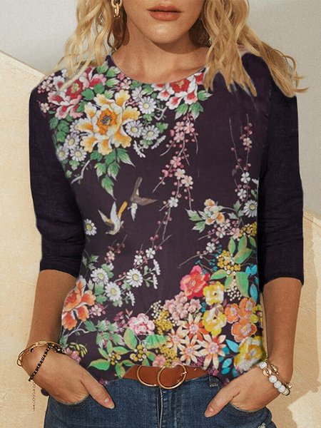 

Casual Floral 3/4 Sleeve Vintage Shirts & Tops, Black, T-Shirts