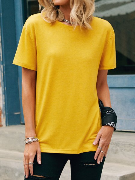 

Yellow Plain Casual Round Neck Tee, T-shirts