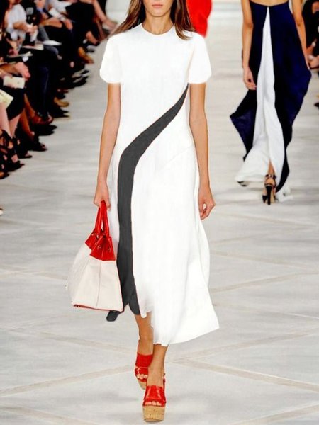

Abito Solido Girocollo Maniche Corte Lavoro, Bianco, Maxi Dresses