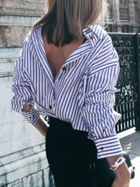 

Stripes Shirt Collar Long Sleeve Shirt Collar Cotton Formal Shirts, Blue, Blouses and Shirts