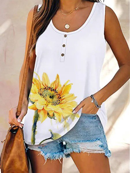 

Casual sunflower print Vest, White, Tank Tops & Camis