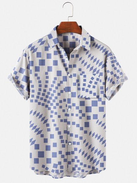 

Mens Geometric Print Casual Lapel Pocket Short Sleeve Hawaiian Shirts, Blue, Men's Floral shirt