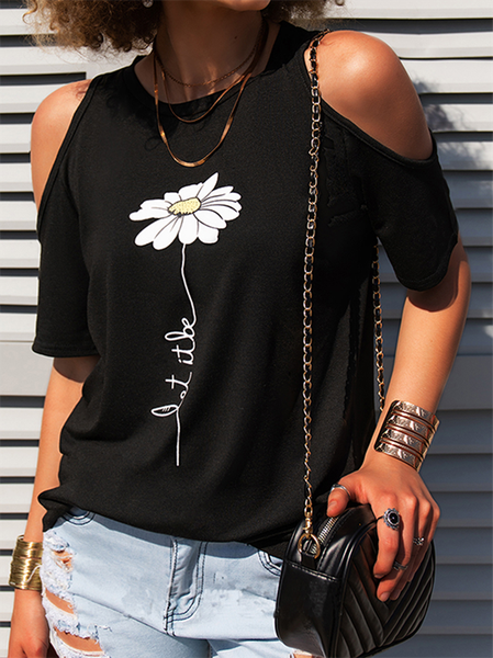 

Misto Cotone Maniche Corte Stampato Floreale Casuale Top, Nero, Blouses & Shirts
