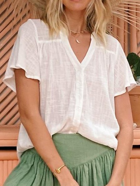 

Casual V Neck Shift Plain Shirts & Tops, White, Shirts & Blouses