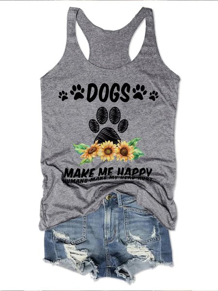 

Dogs Make Me Happy Sleeveless Crew Neck Vests, Gray, Tank Tops