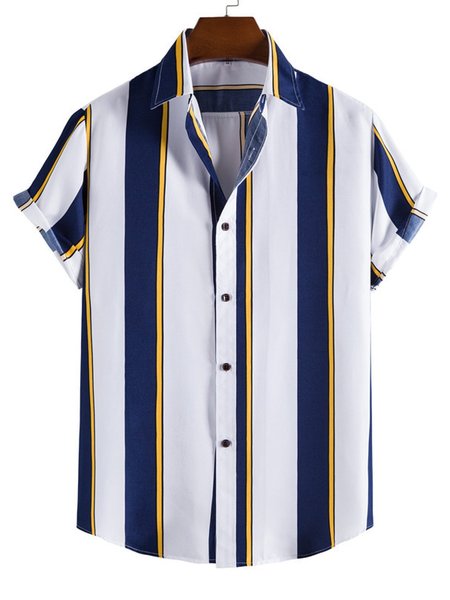 

Men's Stripe Style Short Sleeve Casual Loose Shirt, Navy blue, Men's Floral shirt