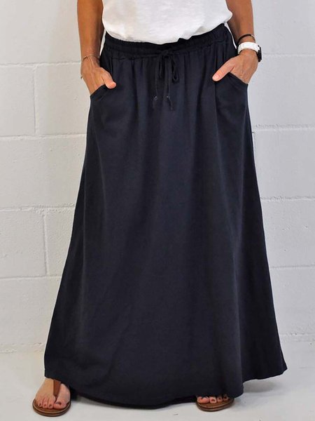 

Casual Holiday Cotton-Blend Solid Skirt with Side Pocket, Navy blue, Skirts