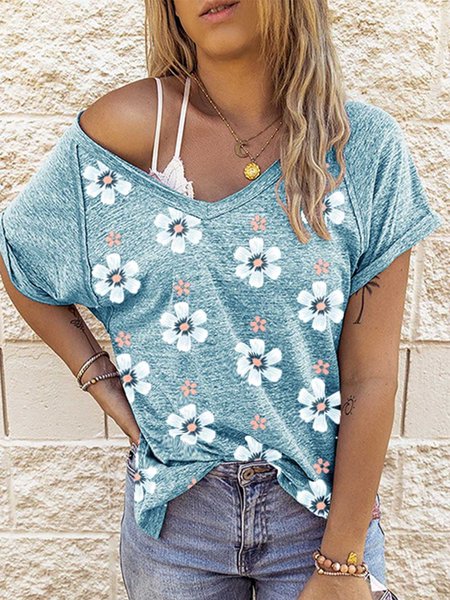 

Women's T-shirts Floral Loose T-shirt, Blue, T-Shirts