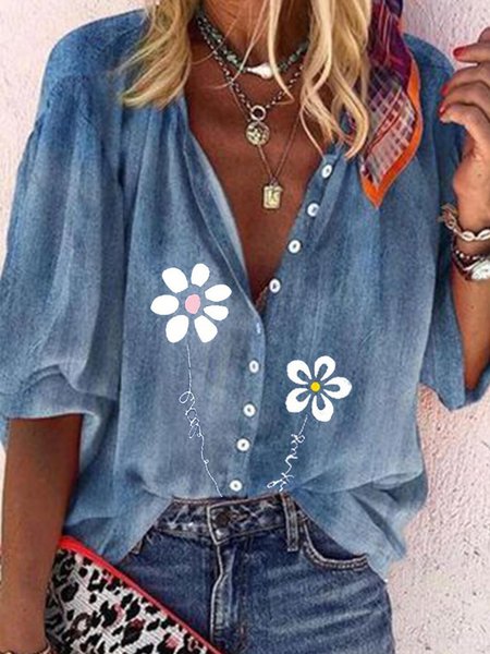 

Cotton-Blend Shirt Collar Half Sleeve Floral Shirts & Tops, Blue, Shirts & Blouses