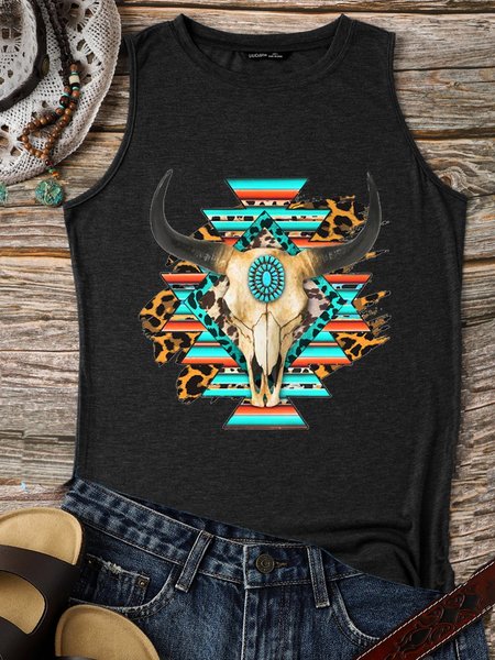 

Aztec Cow Skull Crew Neck Sleeveless Vests, Black, Tank Tops