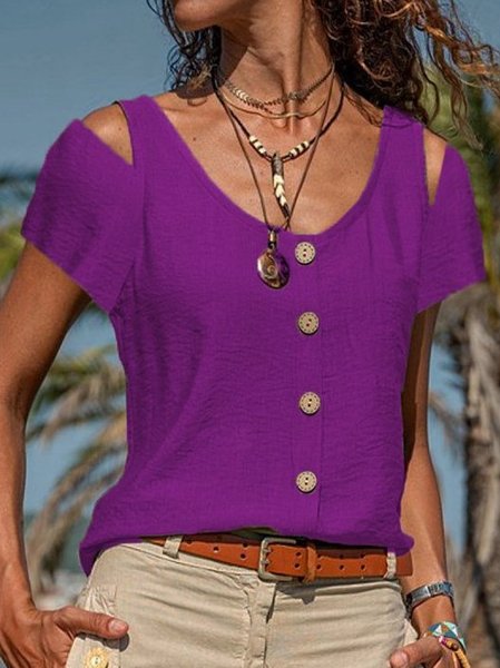 

Cold shoulder Casual Shift Cotton-Blend Short Sleeve Shirts & Tops, Purple, Shirts & Blouses