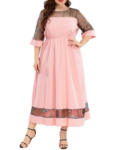 

Short Sleeve Holiday Floral Paneled Dresses, Pink, Casual Dresses