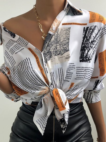 

Holiday Long Sleeve Shirt Collar Shirt, White, Blouses and Shirts