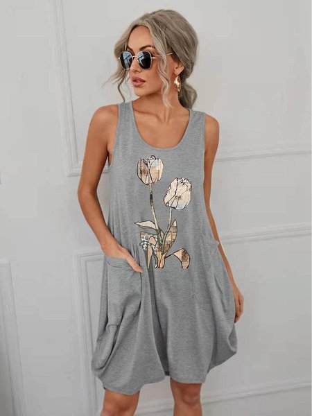

Newspaper Floral Pattern Women's Sleeveless Knitting Dress, Grey, Dresses
