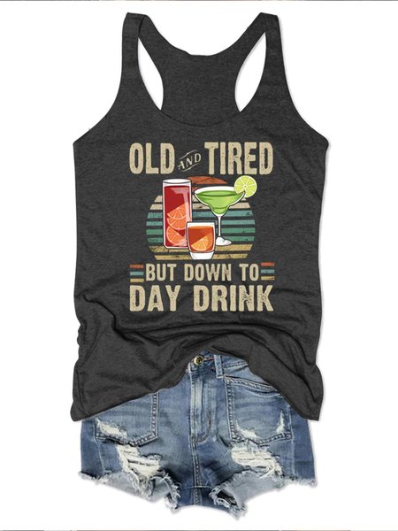 

Old And Tired But Dowm To Day Drink Crew Neck Cotton-Blend Sleeveless Vests, Black, Tank Tops