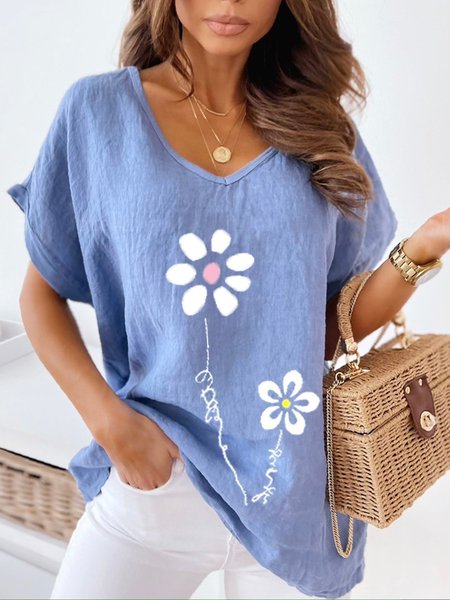 

Shift V Neck Floral Casual Shirts & Tops, Blue, T-Shirts