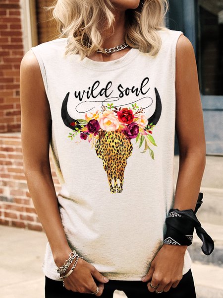 

Wild Soul, Bull Skull Sublimation Casual Cotton-Blend Vests, White, Tank Tops