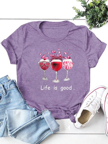 

Wine Glass Butterfly Ribbon Breast Cancer Awareness T-Shirt Tee Cotton-Blend Shirts & Tops, Purple, T-shirts
