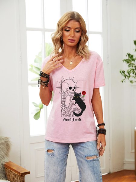 

Good Luck Skeleton And Black Cat With Rose V Neck Tee, Pink, T-shirts