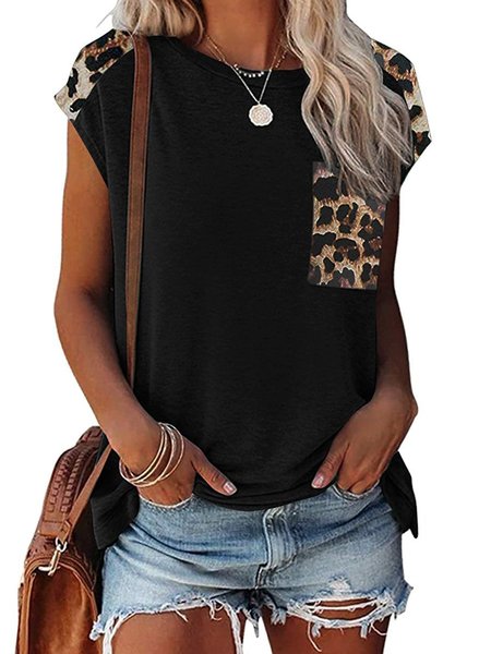 

Women Leopard Shirt with Pocket Crew Neck Black Summer Top, T-shirts