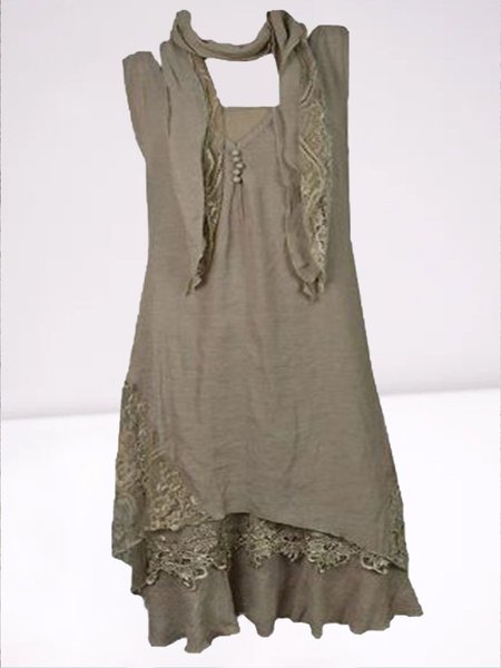 

senza maniche Pizzo Poliestere Scollo a V Vintage Estate Cachi Abito, Casual Dresses