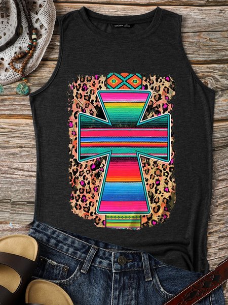 

Crew Neck Sleeveless Cotton-Blend Vests, Black, Tank Tops