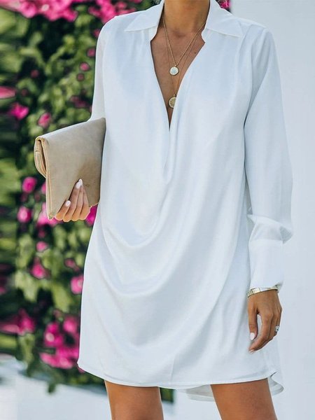 

Long Sleeve Plain Shirt Collar Dresses, White, Mini Dresses
