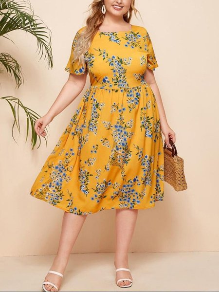 

Short Sleeve Floral U-Neck A-line Dresses, Yellow, Floral Dresses